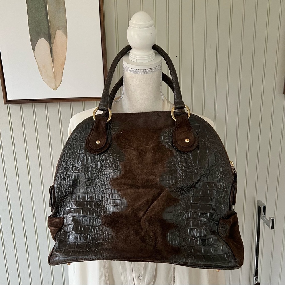 Onna Ehrlich Francoise Croco Brown Croc Embossed Suede Leather Tote Handbag Luxe